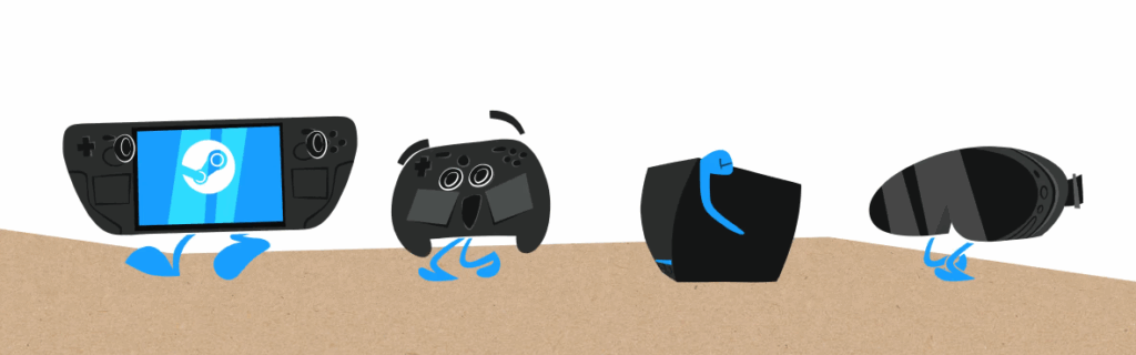 all 4 steam hardware items as animated characters, captured from the steam store page for hardware.